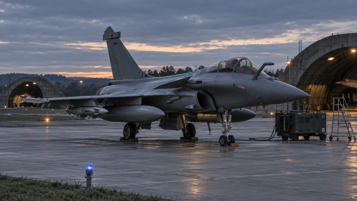 Rafale parked on a European tarmac at dusk with military hangars in the background