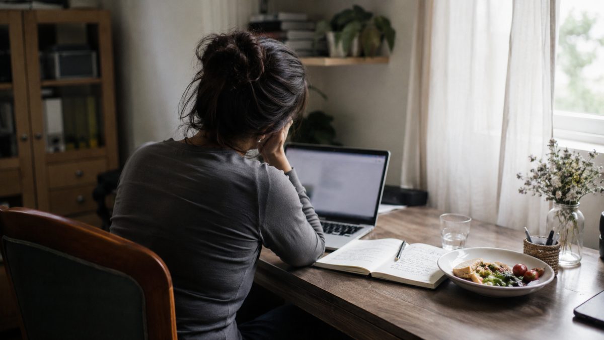 Woman seated at a desk in front of an untouched meal and work notes.