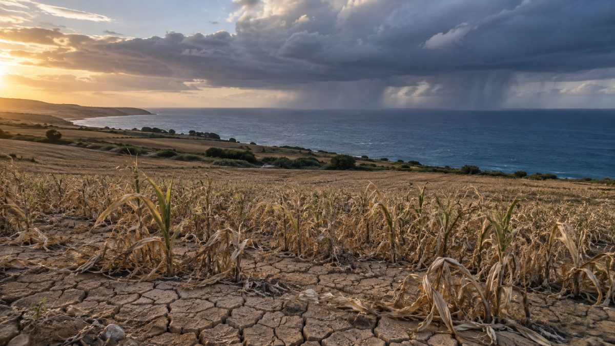Ocean beneath a changing sky facing dry farmland along the coast