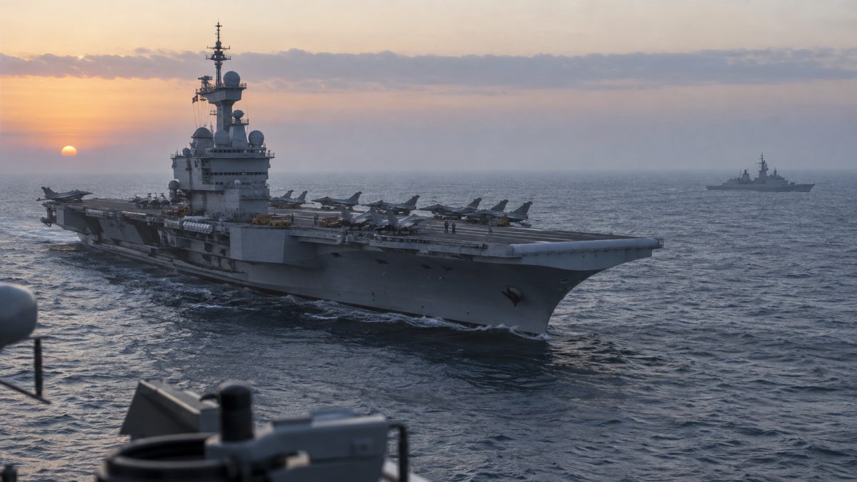 The Charles de Gaulle aircraft carrier at sea with its escort and Rafale jets on deck