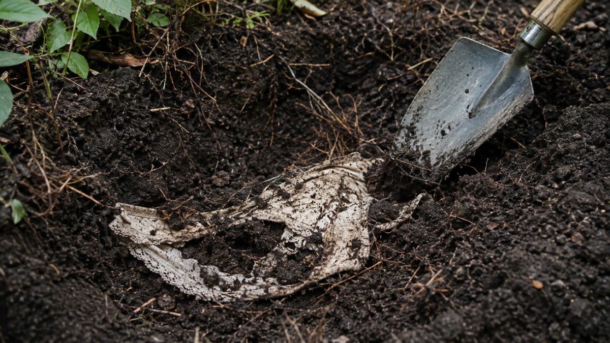 White cotton underwear partially decomposed in dark garden soil.