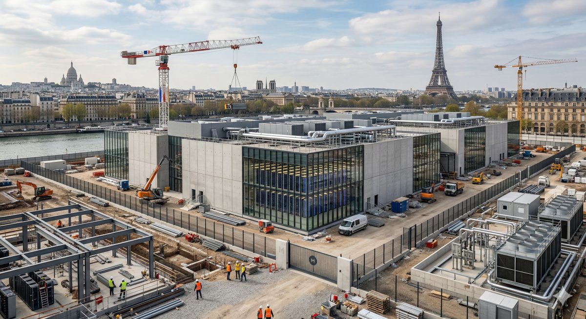 Rangees de serveurs illumines en bleu dans un data center moderne symbolisant la puissance de calcul necessaire a l intelligence artificielle