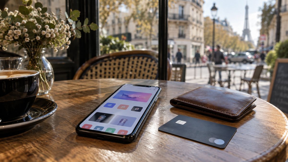 An iPhone on a table with several app stores visible on the screen