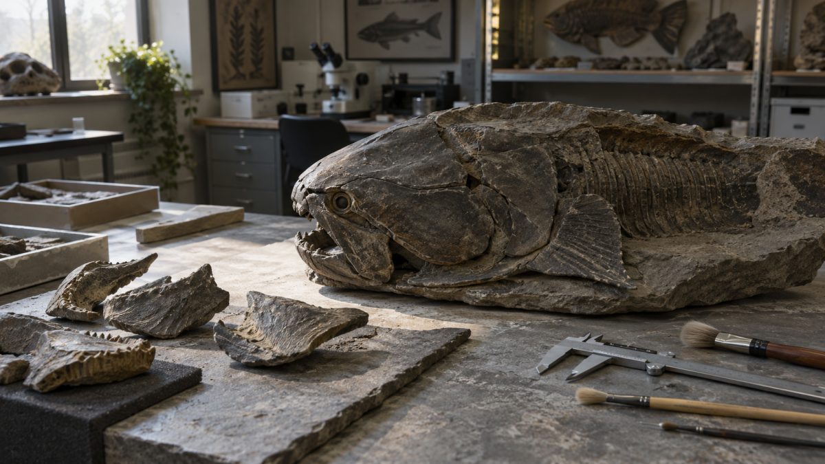 Fossil of an armored fish displaying its jaw plates on a laboratory table