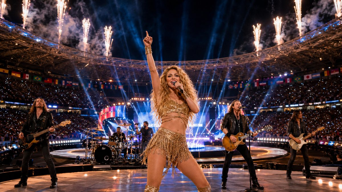 Volles Fußballstadion während einer WM-Eröffnungszeremonie mit tausenden Fans