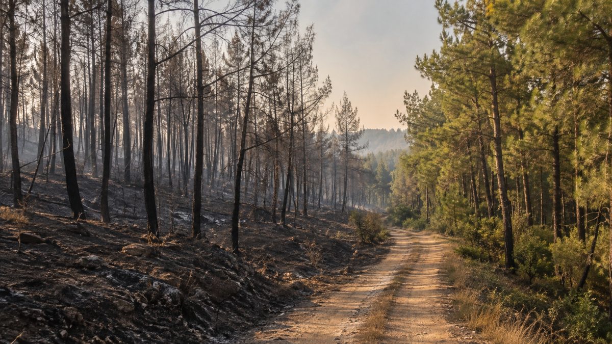 Burned pine trees at the edge of a private forest after a summer wildfire