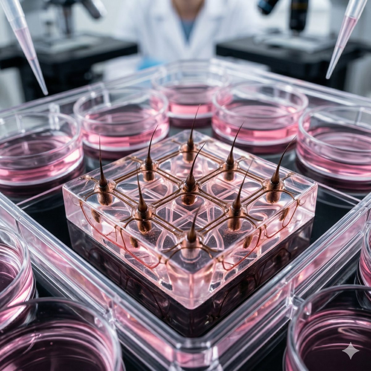 Scientifique observant au microscope des echantillons biologiques dans un laboratoire de recherche en medecine regenerative