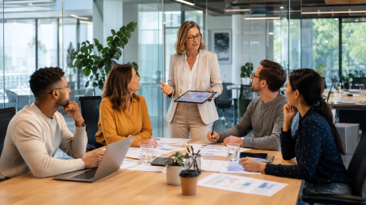 two professionals discussing documents with salary figures in a bright modern office