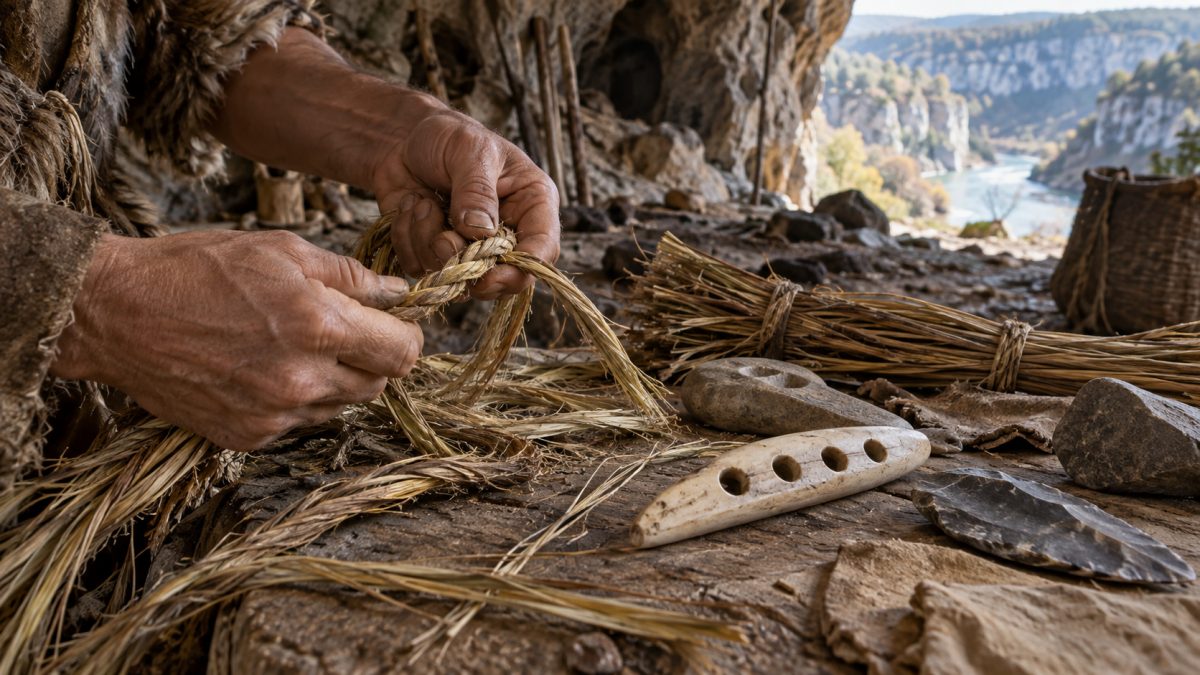 Hand making plant-fiber rope in a prehistoric workshop lit by natural light