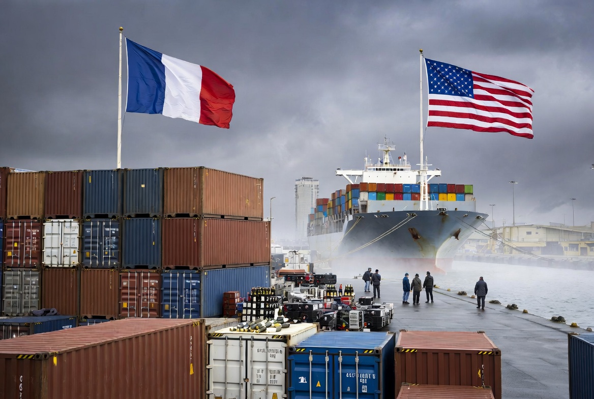 Conteneurs de fret empiles dans un port industriel illustrant les tensions commerciales de la guerre tarifaire mondiale en 2026