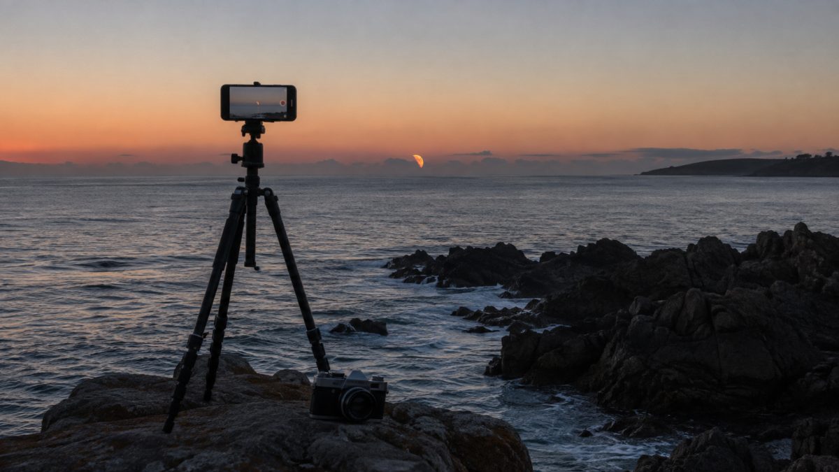 Partially eclipsed Moon very low over an unobstructed western horizon at dawn