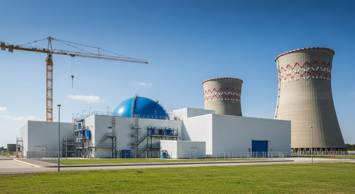 Small modular SMR reactor under construction with modern turbines and clean power plant in background