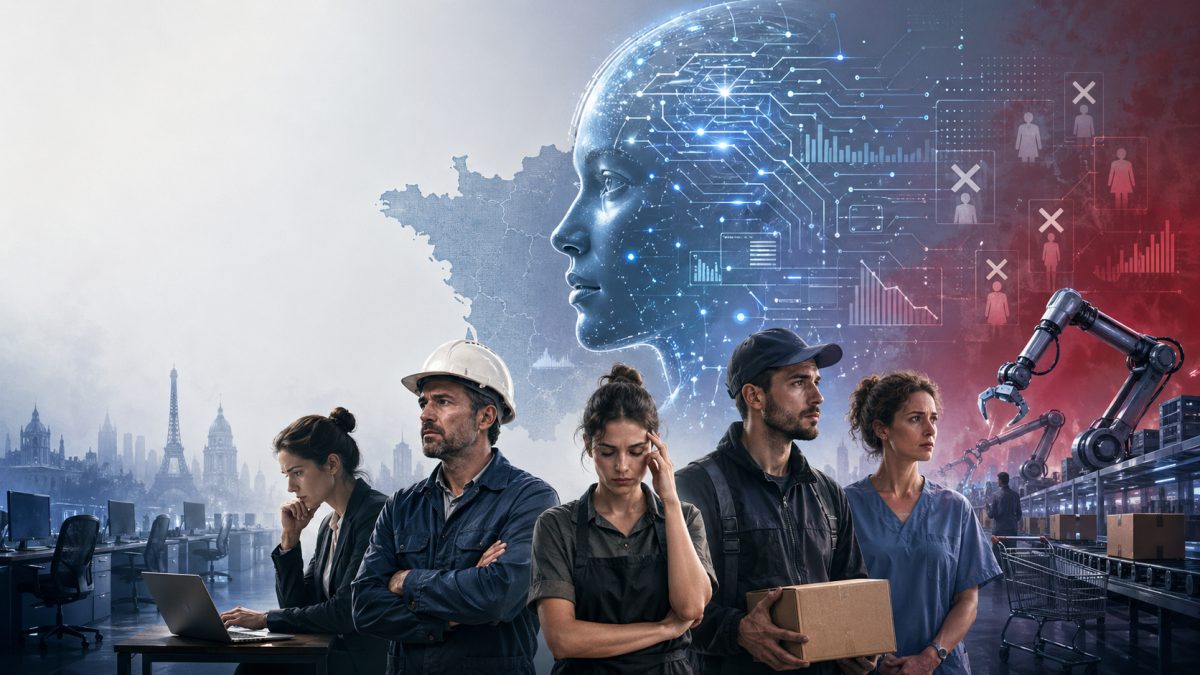 フランスの雇用に対する人工知能の影響を示すグラフが表示された画面の前に立つ従業員