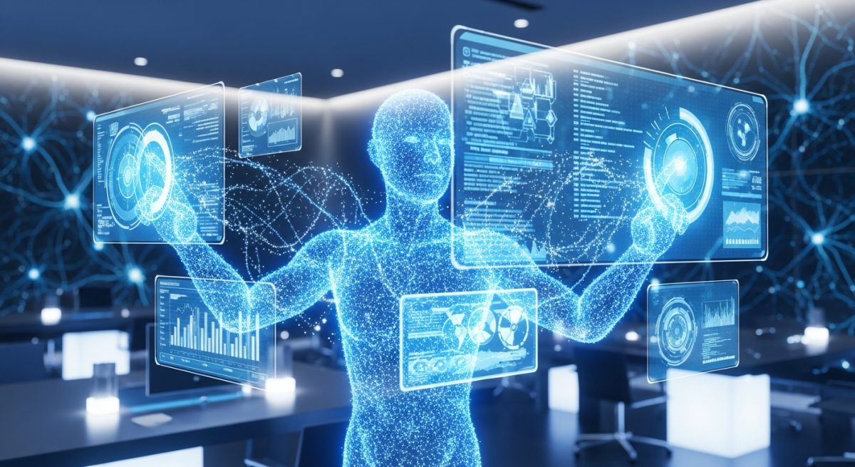 青い光に包まれた近代的なオフィスでホログラフィックインターフェースと対話する自律型AIエージェント