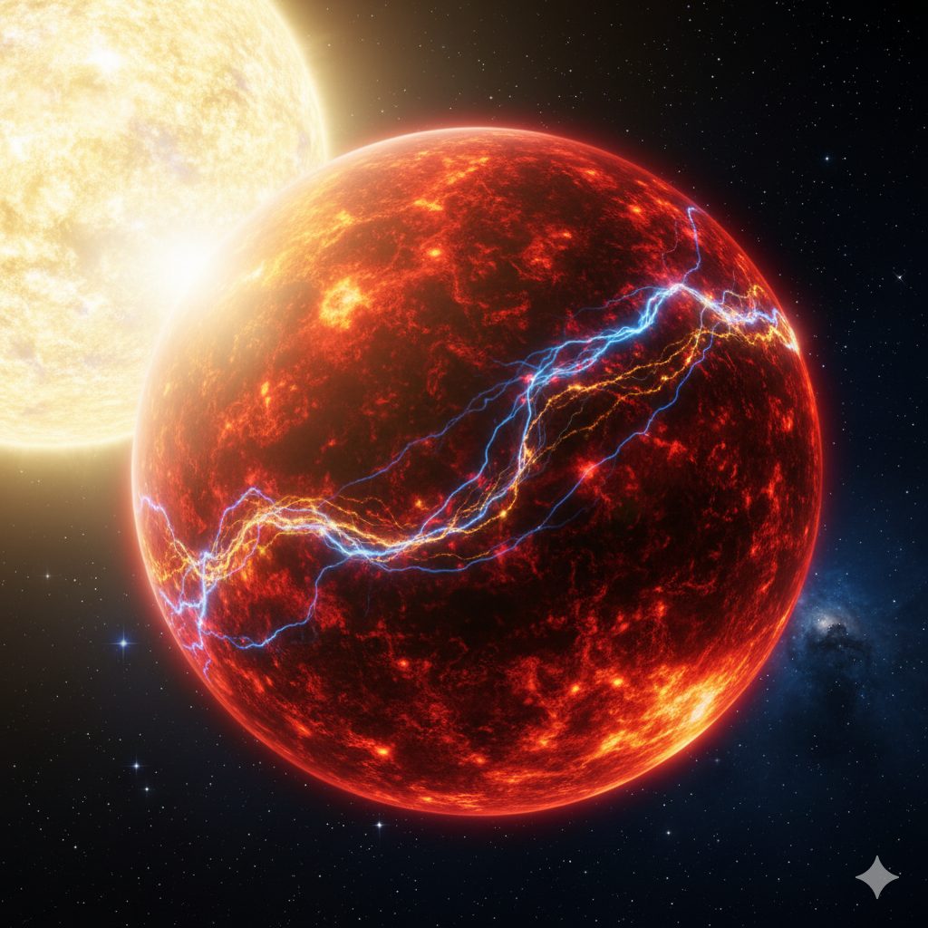 Artistic rendering of ultra-hot exoplanet WASP-189b with heavy metals glowing in its extreme atmosphere