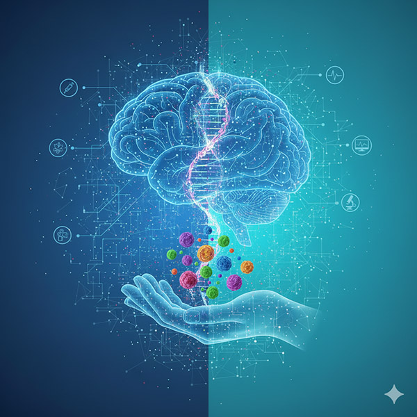 Digital visualization of AI analyzing medical and genomic data for personalized patient treatment