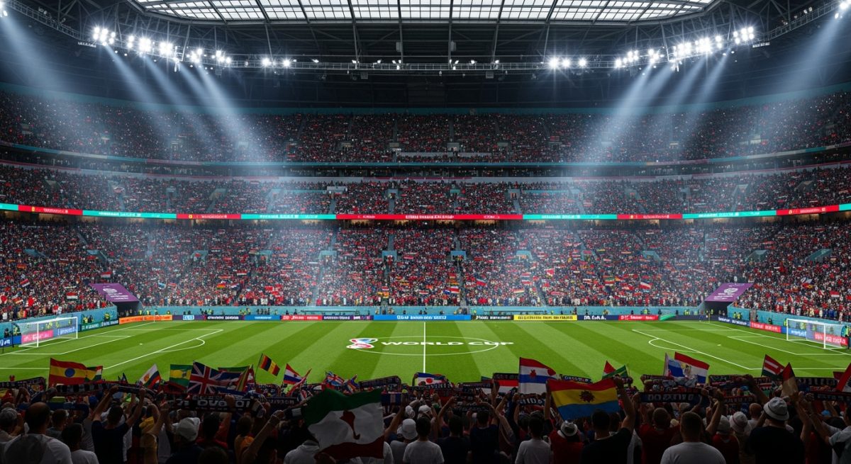 Estadio de futbol lleno de aficionados con banderas nacionales durante la Copa del Mundo 2026