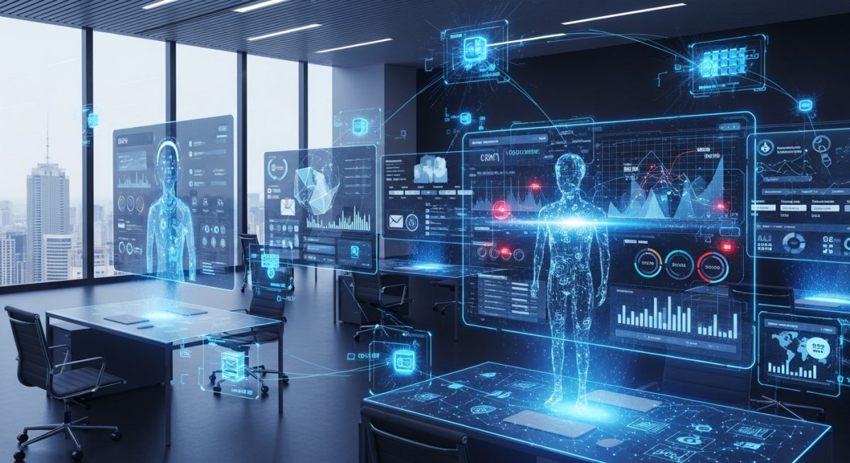 Futuristisk holografisk grensesnitt som viser autonome AI-agenter som samarbeider om profesjonelle oppgaver i et moderne kontor