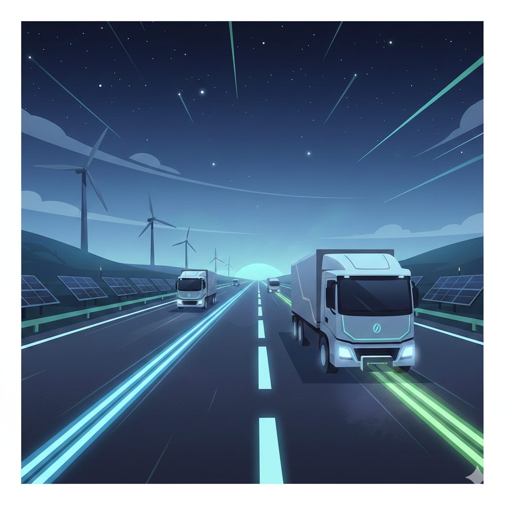 Electric induction highway with magnetic coils in road surface enabling wireless charging for trucks crossing Europe