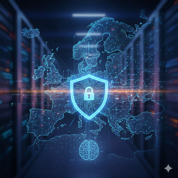 European Union flags and digital network representing European digital sovereignty and technological independence