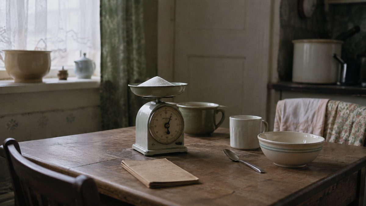 Ration book, weighed sugar and family tableware in a 1950s British kitchen