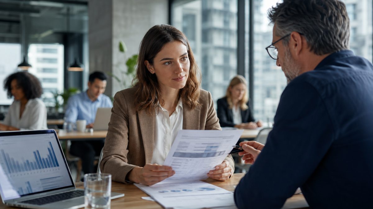 Two professionals in a meeting discussing pay transparency and equal pay
