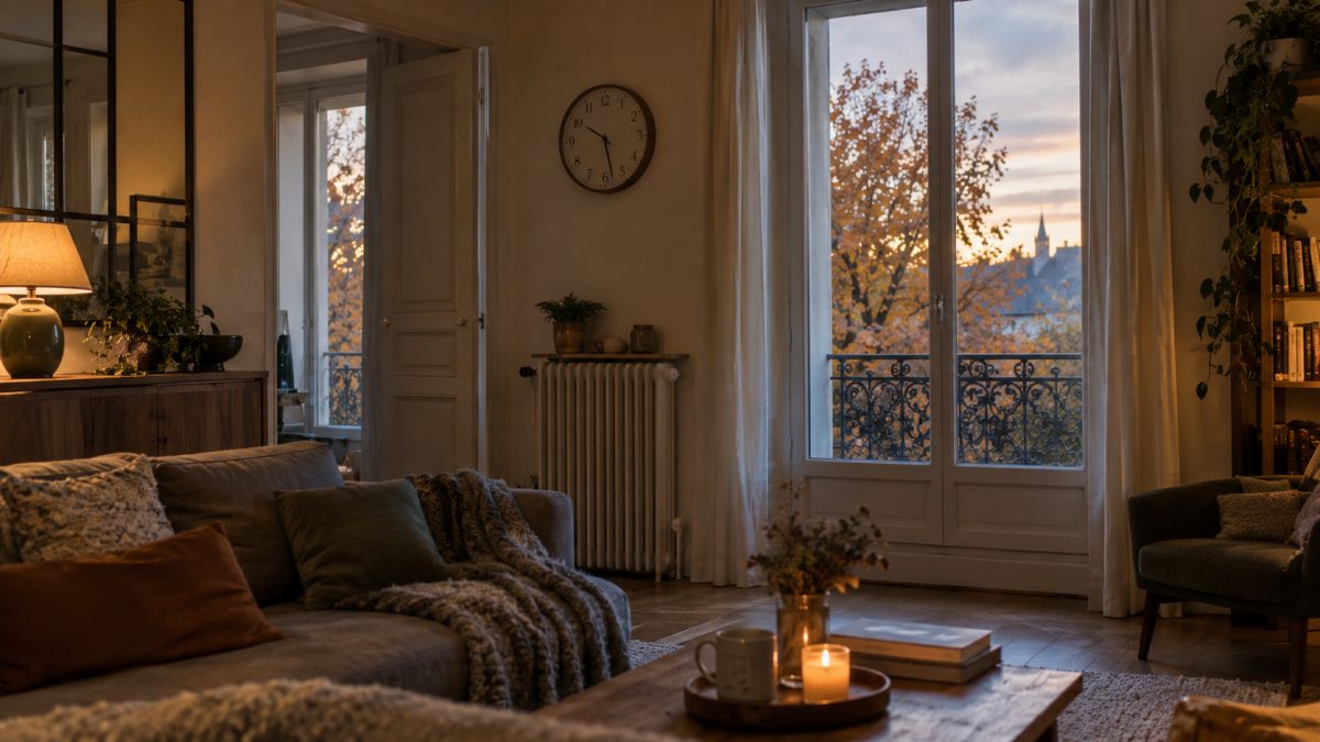 Wall clock in a French living room lit by natural autumn light